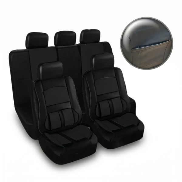 Set Fundas Cubreasiento Eco Cuero Negro Con Bolsillo Respaldo