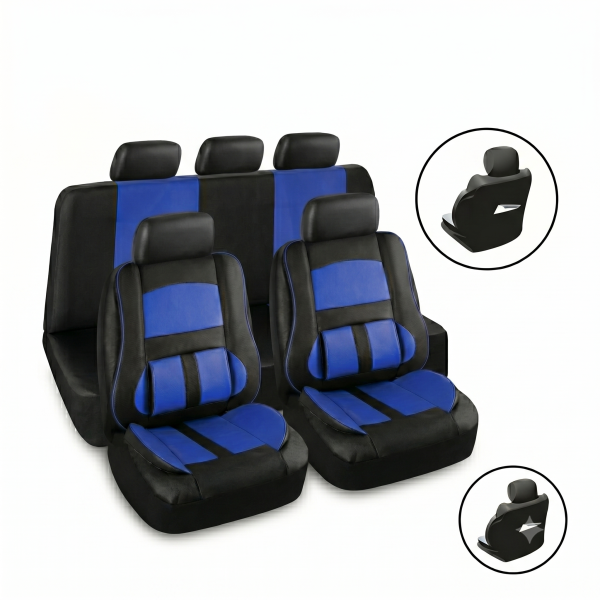 Set Fundas Cubreasiento Eco Cuero Azul Con Bolsillo Respaldo