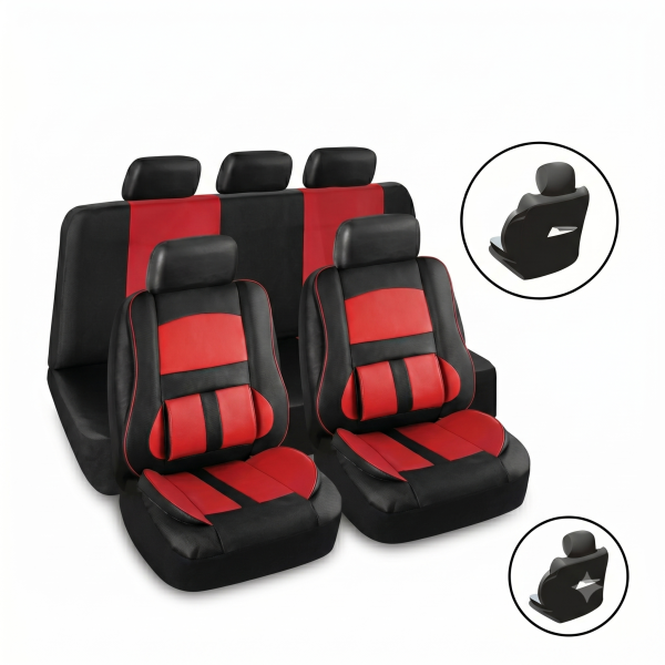 Set Fundas Cubreasiento Eco Cuero Rojo Con Bolsillo Respaldo